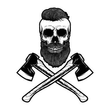 Oduncu kafatası ve çapraz baltalar. Logo, etiket, işaret, amblem için tasarım ögesi. Vektör illüstrasyonu