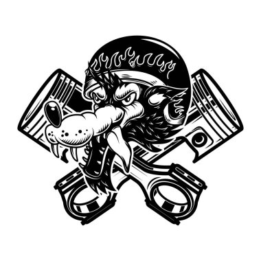 Çapraz pistonlu kurt motorcunun tasviri. Logo, etiket, işaret, amblem için tasarım ögesi. Vektör illüstrasyonu