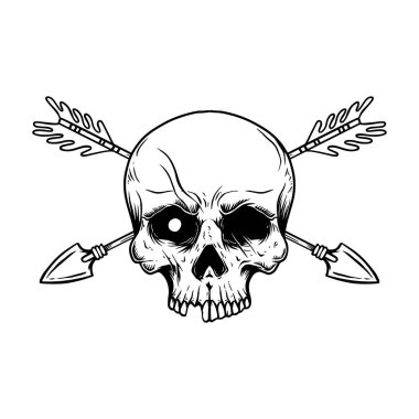 Çapraz oklu bir kafatası. Poster, kart, pankart, amblem ve imza için tasarım öğesi. Vektör illüstrasyonu