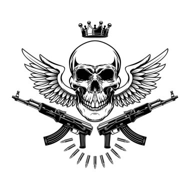 Kafatasında çapraz saldırı tüfekleri var. Logo, etiket, işaret, amblem için tasarım ögesi. Vektör illüstrasyonu