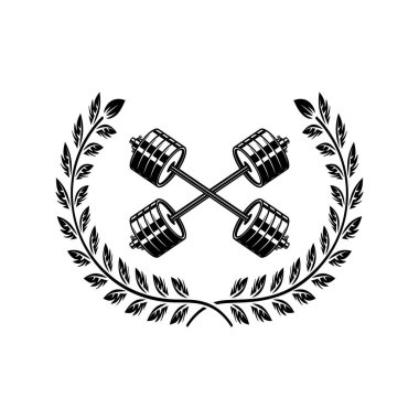 Çapraz halterli ve çelenkli bir amblem. Logo, işaret ve amblem için tasarım elemanı. Vektör illüstrasyonu