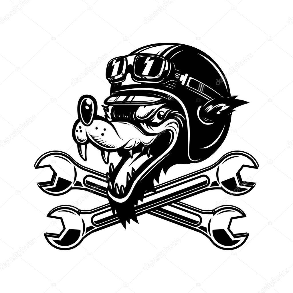 Illustration of the wolf racer with crossed wrenches. Design element for logo, label, sign, emblem. Vector illustration