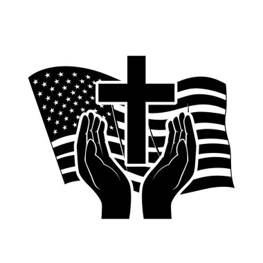 Amerikan bayrağı geçmişinde dua eden eller. Vektör illüstrasyonu