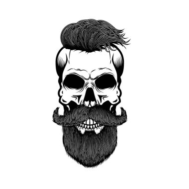 Saç stili ve sakallı bir kafatasının siyah ve beyaz çizimi. Tasarımlarına biraz kenar ve tarz katmak için mükemmel.