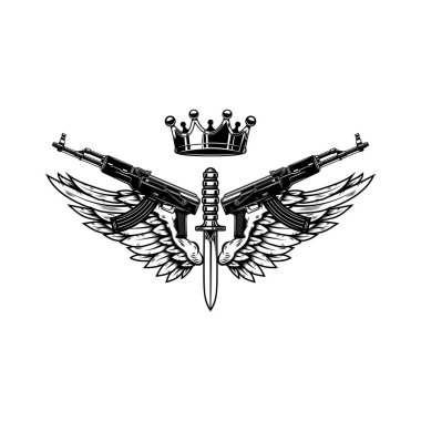 Kral tacı olan iki silah ve kanat. Logo, etiket, tabela, poster ve rozet için tasarım elemanı. Vektör illüstrasyonu
