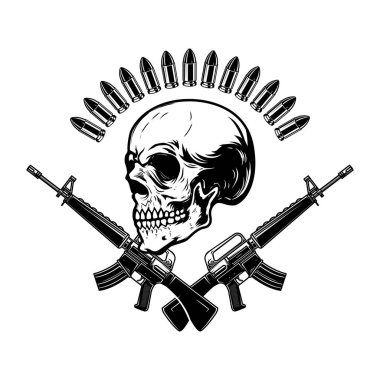 Kafatasında çapraz saldırı tüfekleri var. Logo, etiket, işaret, amblem için tasarım ögesi. Vektör illüstrasyonu