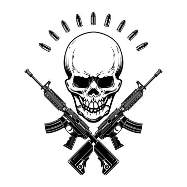 Kafatasında çapraz saldırı tüfekleri var. Logo, etiket, işaret, amblem için tasarım ögesi. Vektör illüstrasyonu