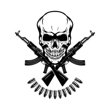 Kafatasında çapraz saldırı tüfekleri var. Logo, etiket, işaret, amblem için tasarım ögesi. Vektör illüstrasyonu