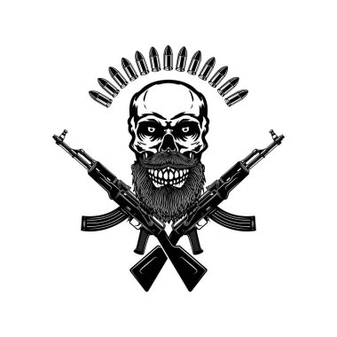 Kafatasında çapraz saldırı tüfekleri var. Logo, etiket, işaret, amblem için tasarım ögesi. Vektör illüstrasyonu