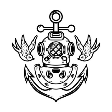 Çapalı ve kırlangıçlı klasik dalgıç miğferi. Çapalı denizci miğferi. Denizci amblemi. Tasarım ögesi