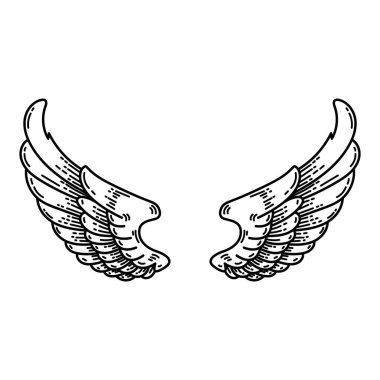 Siyah-beyaz bir çift kanat çizimi, dövme şeklinde yapılmış. Melek kanatları. Kuş kanatlarının gösterimi.