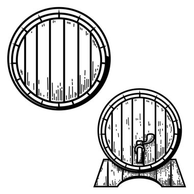 Eski ahşap fıçının resmi. Viski fıçısı. Menü, amblem, imza, poster için.