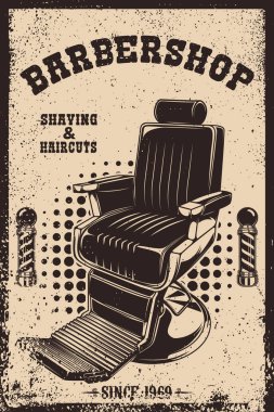 Klasik berber sandalyesi illüstrasyonlu klasik bir poster. Alanına biraz nostalji ve cazibe katmak için mükemmel..