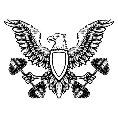 Halter tutan bir kartal. Jimnastik maskotu. Logo, etiket, işaret, amblem için tasarım ögesi. Vektör illüstrasyonu
