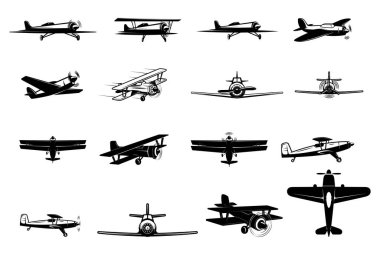 Antika uçak çizimleri koleksiyonu. Tasarımlarına nostalji katmak için mükemmel. Poster, logo ve daha fazlası için kullanın.