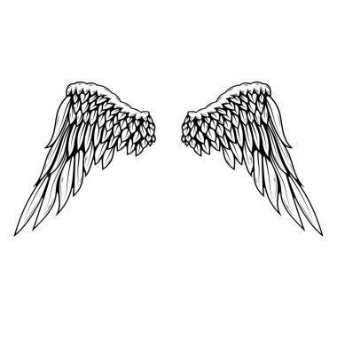 Siyah-beyaz bir çift kanat çizimi, dövme şeklinde yapılmış. Melek kanatları. Kuş kanatlarının gösterimi.
