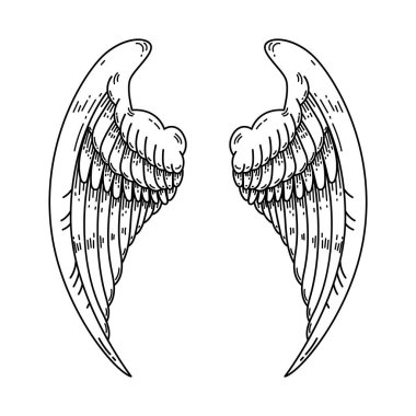 Siyah-beyaz bir çift kanat çizimi, dövme şeklinde yapılmış. Melek kanatları. Kuş kanatlarının gösterimi.