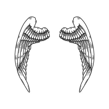 Siyah-beyaz bir çift kanat çizimi, dövme şeklinde yapılmış. Melek kanatları. Kuş kanatlarının gösterimi.