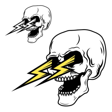 Yıldırımlı kafatası. Yıldırımlı klasik kafatası. Logo, etiket, imza, tişört.