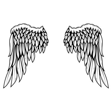 Siyah-beyaz bir çift kanat çizimi, dövme şeklinde yapılmış. Melek kanatları. Kuş kanatlarının gösterimi.