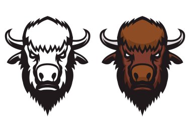 Kızgın bizon kafası. Amerikan Bufalo Maskotu Kafa. Logo, etiket, işaret, rozet için tasarım ögesi.