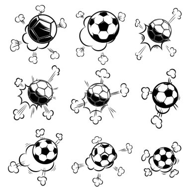 Futbol takımı, komik hareketli futbol topları. Poster, afiş, el ilanı, kart için tasarım ögesi.