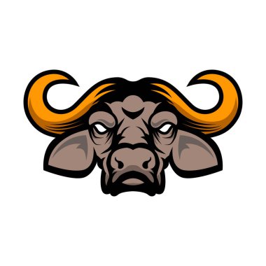 Kızgın Afrikalı bufalo kafası. Afrika Bufalo Maskotu Kafa. Logo, etiket, işaret, rozet için tasarım ögesi.