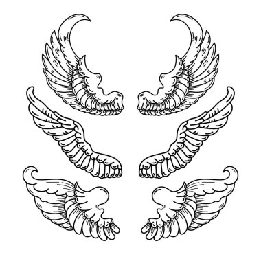 Siyah beyaz bir çift kanat çizimi, dövme tarzında yapılmış. Melek kanatları. Kuş kanatlarının gösterimi.