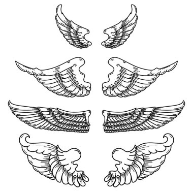Siyah beyaz bir çift kanat çizimi, dövme tarzında yapılmış. Melek kanatları. Kuş kanatlarının gösterimi.