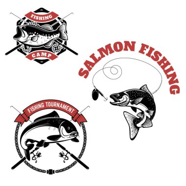 balıkçılık turnuva etiketleri. Sazan avı, somon balığı, levrek balıkçılığı. Logo, etiket, amblem, işaret, marka işareti için tasarım öğeleri. Vektör çizimi.
