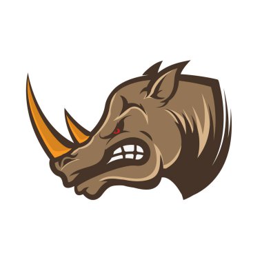 Kızgın gergedan kafası beyaz arka planda izole edilmiş. Spor takımı veya kulüp amblemi şablonu. 