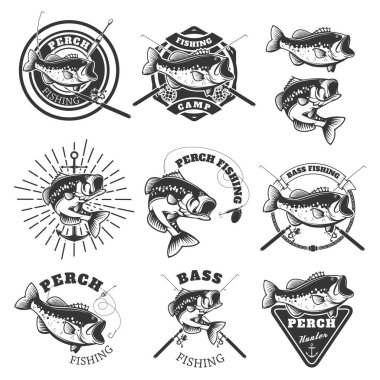 Bass fishing labels. Perch fish. Emblems templates for fishing club. Vector illustration. clipart