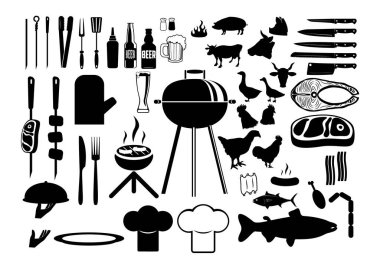 Barbekü vintage küme. Barbekü ve ızgara koleksiyon kümesi. yemek ızgara nesneleri koleksiyonu