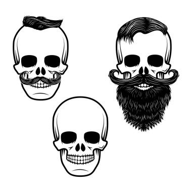 Kafatasları bıyık ve sakal ile kümesi. Retro vektör tasarım grafik öğesi, amblem, logo, amblem, işaret, kimlik, logo, poster. T-shirt baskı tasarım şablonu. Vektör çizim.
