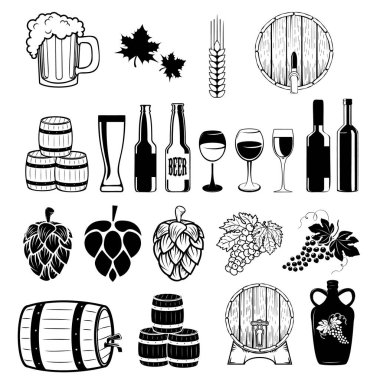 Bira ayarla ve şarap etiketleri tasarım öğeleri. Logo, rozet veya etiket tasarım şablonu.