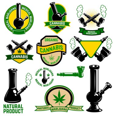 Kenevir etiketleri. Tıbbi marihuana, nargile dükkanı. Logo, etiket, amblem, imza, marka işareti için tasarım ögeleri. 