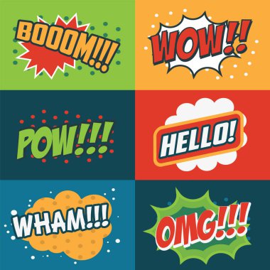 Vintage tarzı çizgi roman kabarcıkları ayarlayın. Çizgi roman tarzı ifadeler kümesi. Boom, Wow, Omg, güm, Merhaba!, Pow!!!.