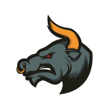 Boğa spor maskotu. Logo, etiket, amblem, işaret, rozet tasarımı. Vektör illüstrasyonu.