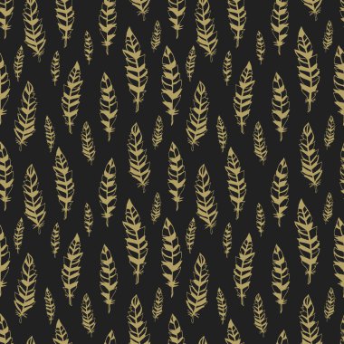 Karanlık ve altın seamless modeli tüyleri ile. Tüyler desen. tüy vektör, kuş desen. Vektör tasarım öğesi.