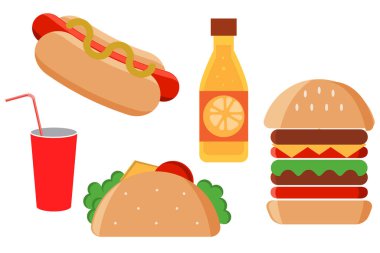 Fast food Icons set. Abur cubur. Beyaz arka plan üzerinde izole renkli lokanta simgeler kümesi.