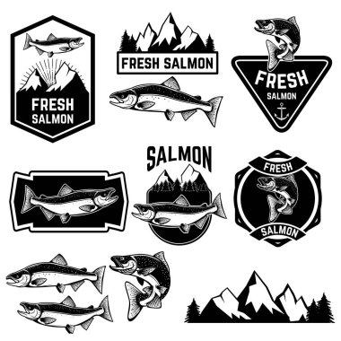 Vintage taze somon amblem, Etiketler ve tasarım öğeleri balık. Logo, rozet veya etiket tasarım şablonu.