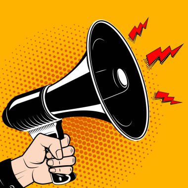 El ile megafon pop sanat tarzı. Çizgi roman tarzı megafon. Vektör tasarım öğesi.