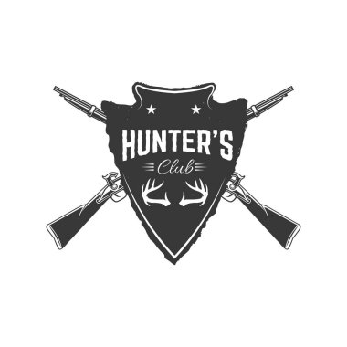 Avcı'nın kulüp etiketi şablonu. Grunge tarzı amblemi ikişer top. Avcılık. Vektör tasarım öğesi.