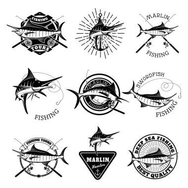 Marlin balık tutuyor. Kılıç balığı simgeleri. Derin deniz balıkçılığı. Amblem, işaret, marka işareti için tasarım öğeleri. Vektör çizimi.