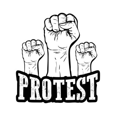Protesto poster, yükseltilmiş olarak düzenlenen protesto yumruk ve alevler ateş. Grunge tarzı vektör çizim