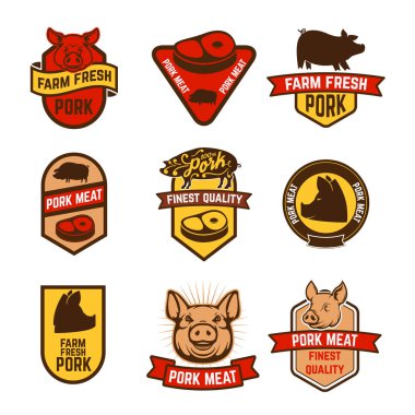 Domuz eti, kasap dükkanı etiketleri. Logo, etiket, amblem, işaret, işaret için tasarım öğesi. Vektör çizimi.