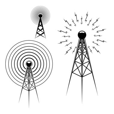 Radyo kulesi simgeleri ayarlayın. Logo, etiket, amblem, işaret için tasarım öğeleri. Vektör çizimi. 