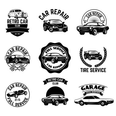 Retro araba kulübü etiketleri. Retro vektör tasarım grafik ögesi, amblem, logo, amblem, amblem, işaret, kimlik, logotip, poster. Vektör tasarım ögeleri.