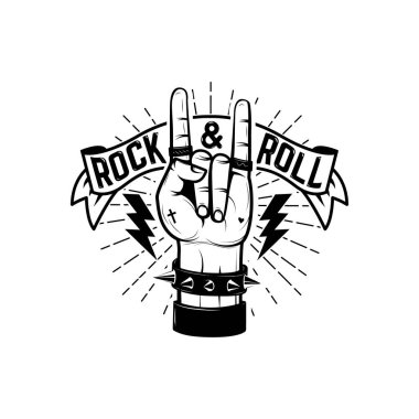 Rock'n Roll tabelası. Ağır metal işareti olan insan eli. Rock and roll poster şablonu. Vektör çizimi.