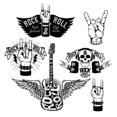 Rock festivali broşürü. Rock 'n roll işareti olan insan eli, kanatlı gitar. Broşür ya da poster için tasarım ögesi. Vektör illüstrasyonu.